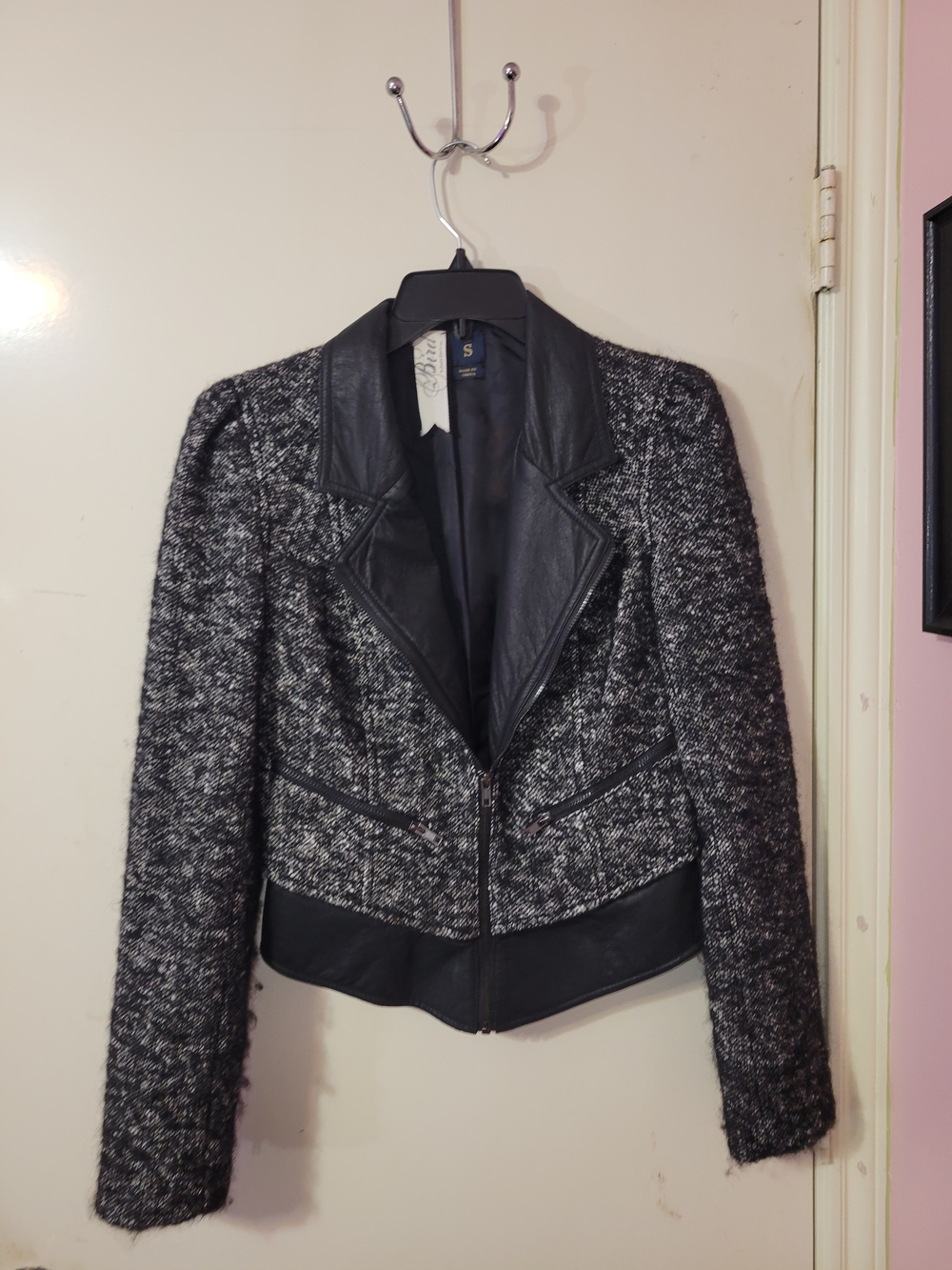 Bird by Juicy Couture Black and Gray Tweed Blazer with Faux Leather Trim